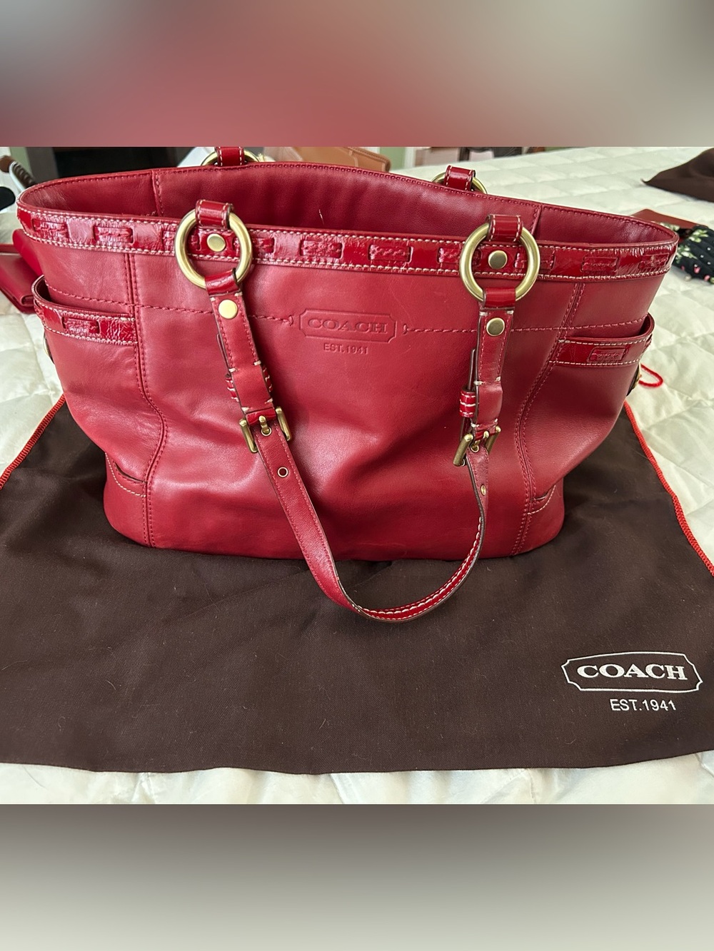 Coach Red Leather Shoulder Tote with Gold Hardware